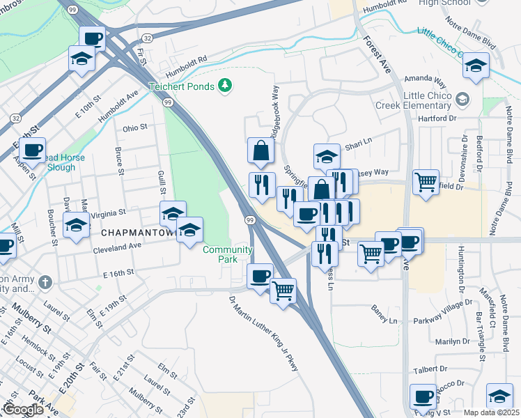 map of restaurants, bars, coffee shops, grocery stores, and more near 1900 E 20th St in Chico