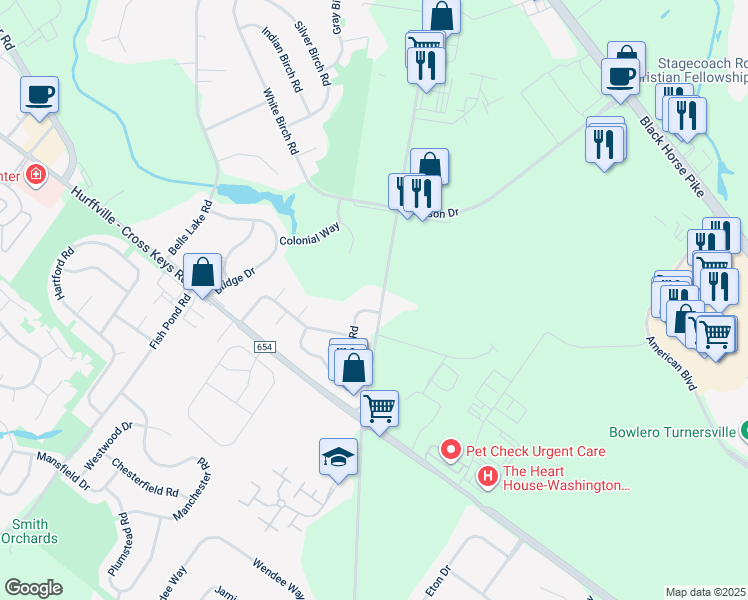 map of restaurants, bars, coffee shops, grocery stores, and more near 1 Lorne Road in Washington Township