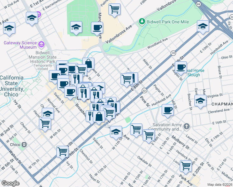 map of restaurants, bars, coffee shops, grocery stores, and more near 479 East 7th Street in Chico