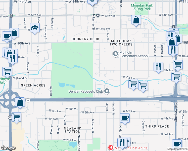 map of restaurants, bars, coffee shops, grocery stores, and more near 771 Kendall Court in Lakewood