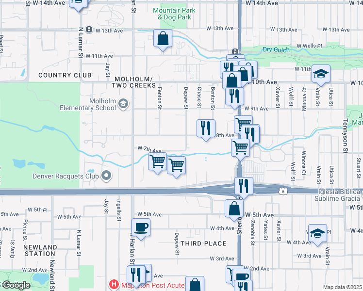 map of restaurants, bars, coffee shops, grocery stores, and more near 721 Depew Street in Lakewood