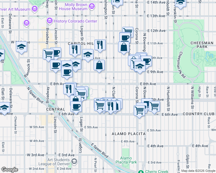 map of restaurants, bars, coffee shops, grocery stores, and more near in Denver