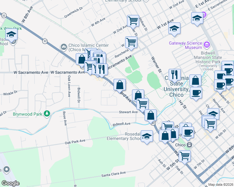 map of restaurants, bars, coffee shops, grocery stores, and more near 725 Nord Avenue in Chico