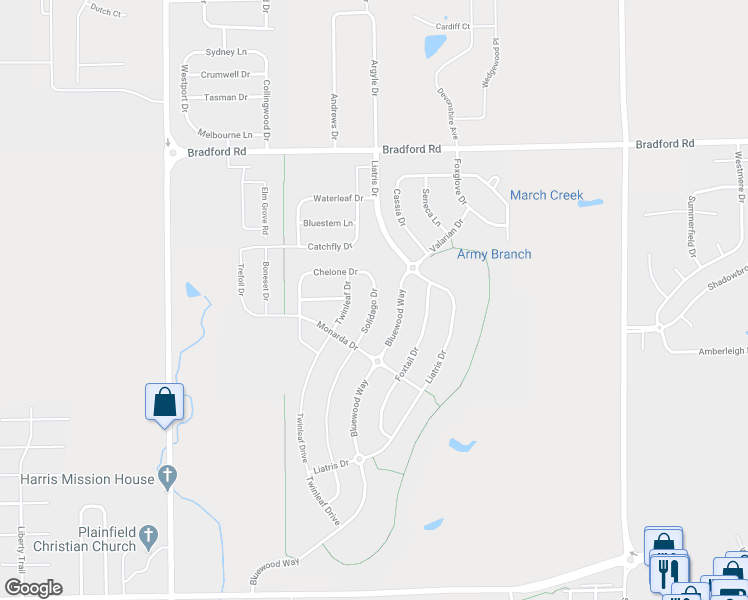 map of restaurants, bars, coffee shops, grocery stores, and more near 2757 Solidago Drive in Plainfield