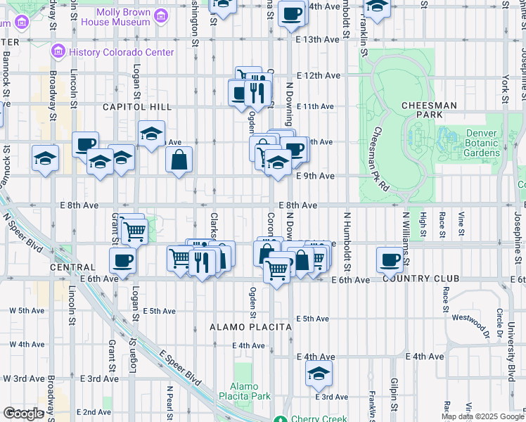 map of restaurants, bars, coffee shops, grocery stores, and more near 777 Corona Street in Denver