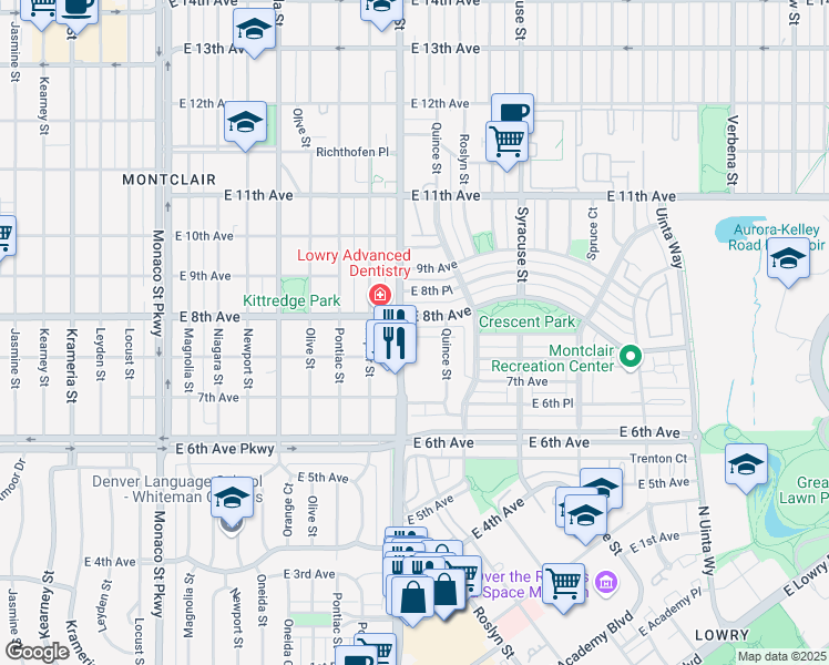 map of restaurants, bars, coffee shops, grocery stores, and more near 7340 East 8th Avenue in Denver