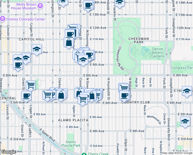 map of restaurants, bars, coffee shops, grocery stores, and more near 790 North Marion Street in Denver