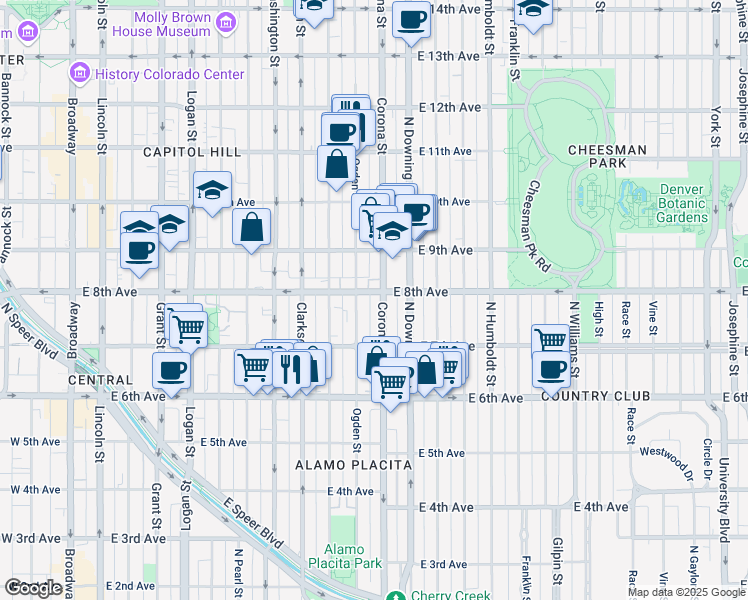 map of restaurants, bars, coffee shops, grocery stores, and more near 777 Corona Street in Denver