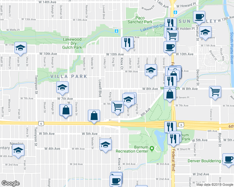 map of restaurants, bars, coffee shops, grocery stores, and more near 3456 West 8th Avenue in Denver