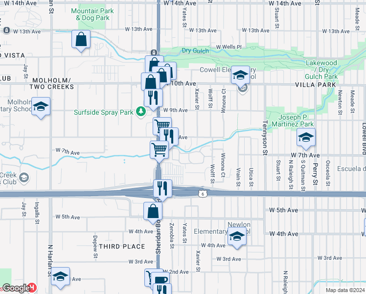 map of restaurants, bars, coffee shops, grocery stores, and more near 4966 West 8th Avenue in Denver