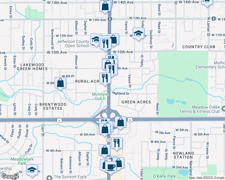 map of restaurants, bars, coffee shops, grocery stores, and more near 7585 Highland Drive in Lakewood