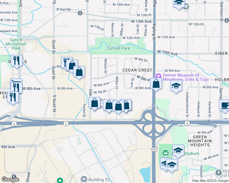 map of restaurants, bars, coffee shops, grocery stores, and more near 740 Moore Street in Lakewood