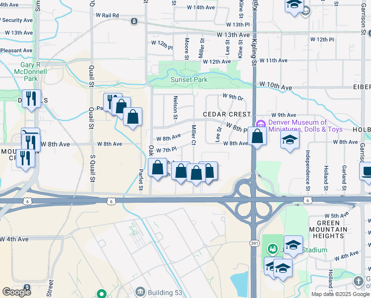 map of restaurants, bars, coffee shops, grocery stores, and more near 740 Moore Street in Lakewood