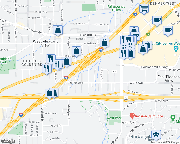 map of restaurants, bars, coffee shops, grocery stores, and more near 790 Kilmer Street in Golden