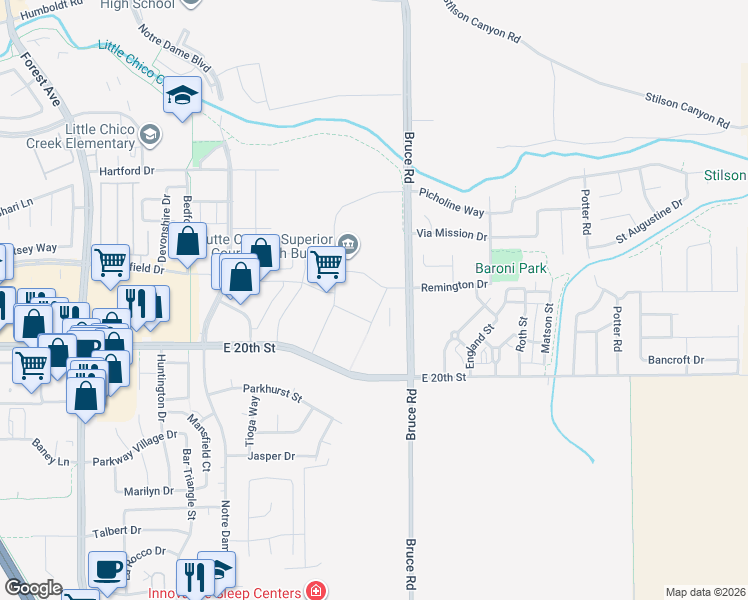 map of restaurants, bars, coffee shops, grocery stores, and more near 1806 Foundation Lane in Chico