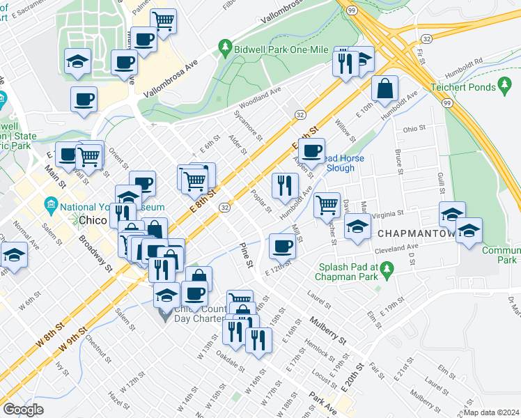 map of restaurants, bars, coffee shops, grocery stores, and more near 1045 Poplar Street in Chico