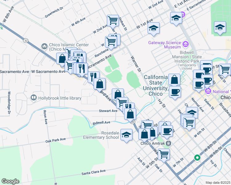map of restaurants, bars, coffee shops, grocery stores, and more near 542 Nord Avenue in Chico