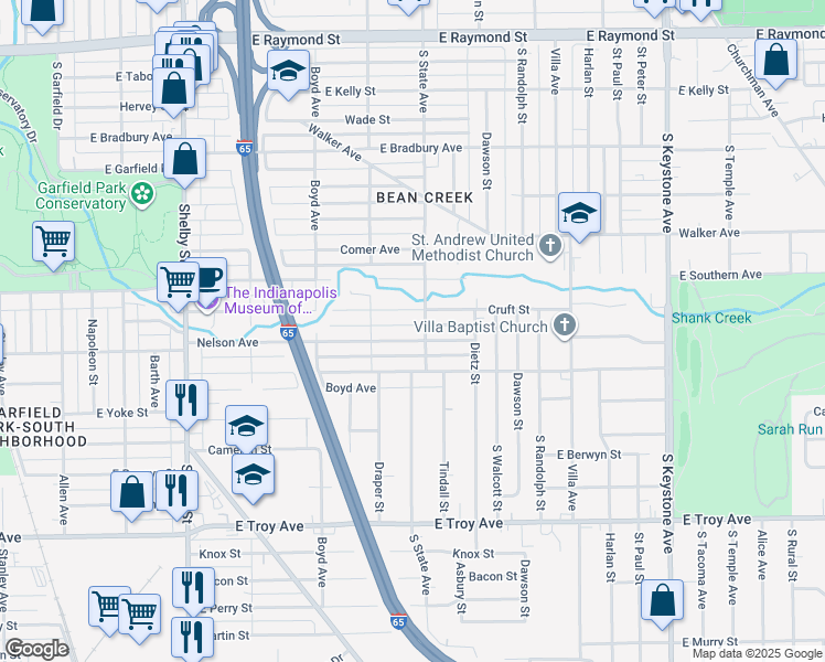 map of restaurants, bars, coffee shops, grocery stores, and more near 1629 Cruft Street in Indianapolis