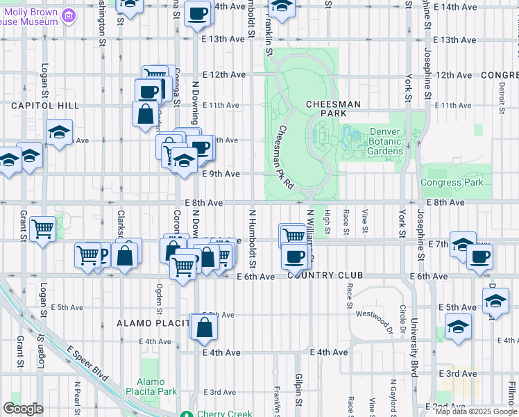 map of restaurants, bars, coffee shops, grocery stores, and more near 1530 East 8th Avenue in Denver