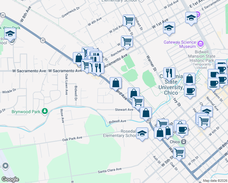 map of restaurants, bars, coffee shops, grocery stores, and more near 641 Nord Avenue in Chico