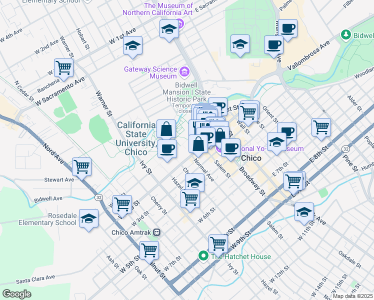 map of restaurants, bars, coffee shops, grocery stores, and more near 121 Normal Avenue in Chico
