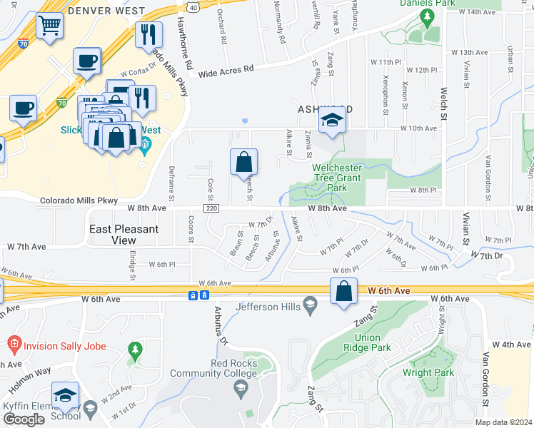map of restaurants, bars, coffee shops, grocery stores, and more near 13300 West 8th Avenue in Golden