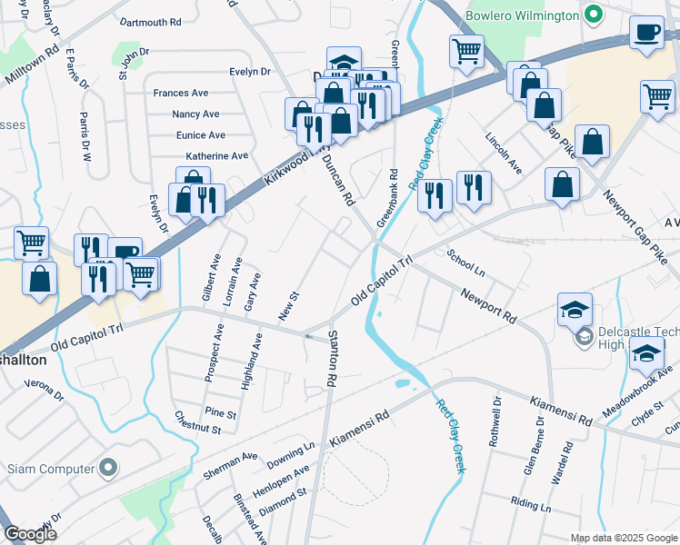 map of restaurants, bars, coffee shops, grocery stores, and more near 1203 Greenbank Road in Wilmington