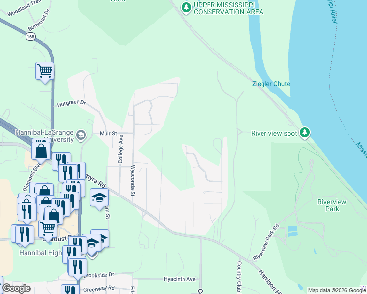map of restaurants, bars, coffee shops, grocery stores, and more near 1889 Bay Avenue in Hannibal