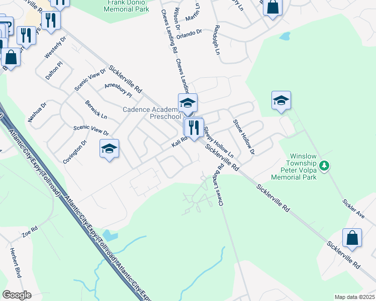 map of restaurants, bars, coffee shops, grocery stores, and more near 15 Park Side Drive in Sicklerville
