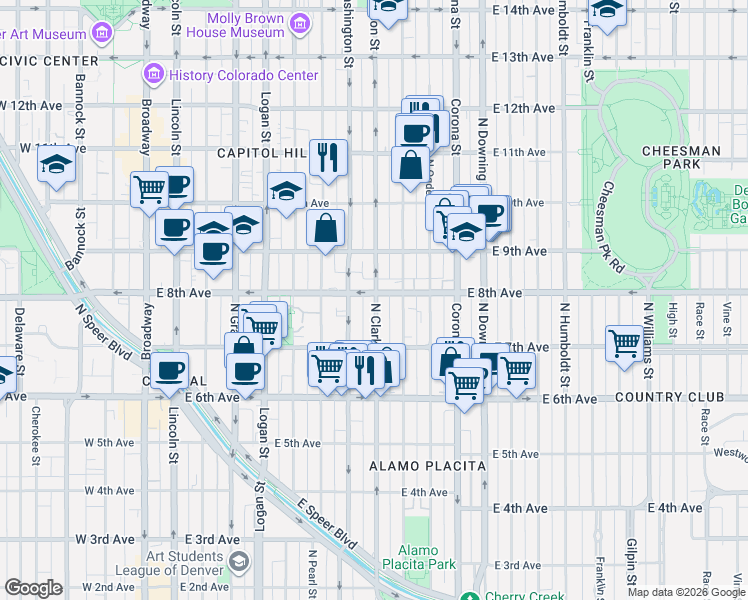 map of restaurants, bars, coffee shops, grocery stores, and more near 789 Clarkson Street in Denver