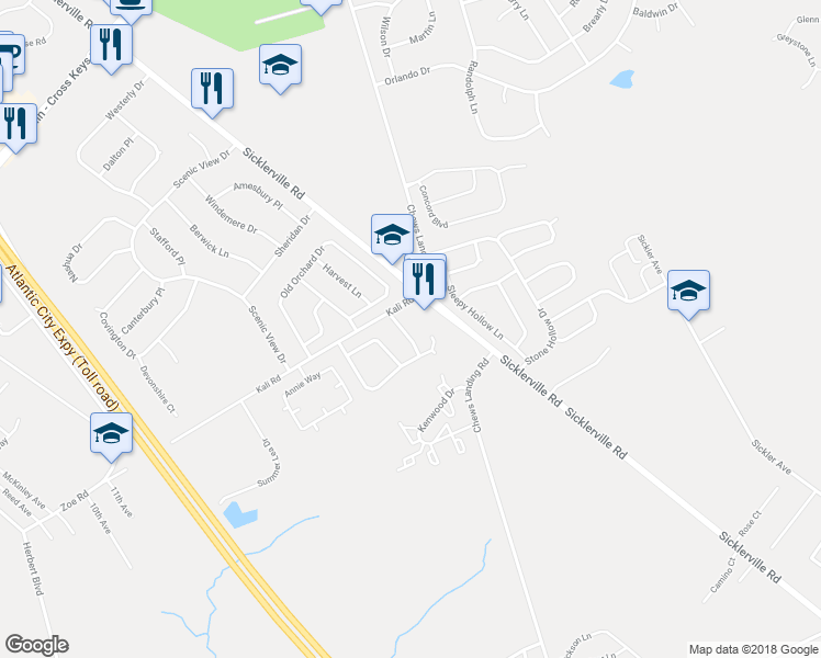 map of restaurants, bars, coffee shops, grocery stores, and more near 15 Park Side Drive in Sicklerville