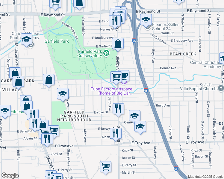 map of restaurants, bars, coffee shops, grocery stores, and more near 1039 Willow Drive in Indianapolis
