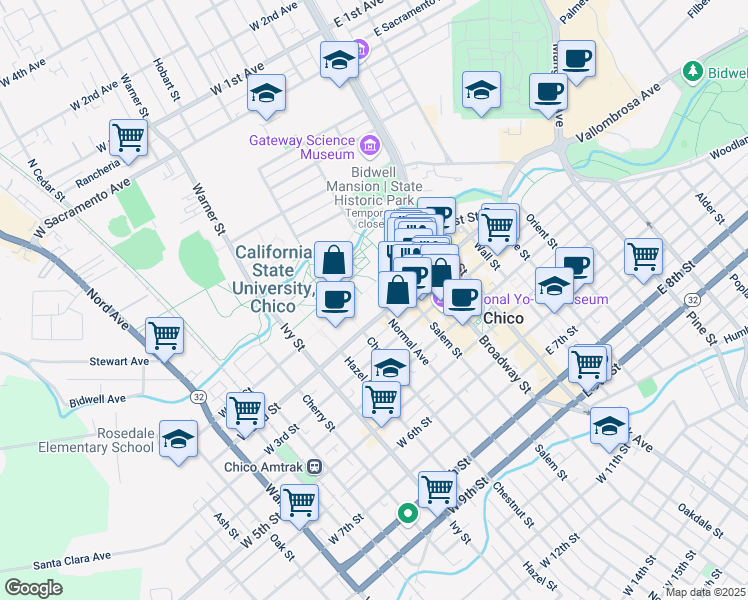 map of restaurants, bars, coffee shops, grocery stores, and more near 121 Normal Avenue in Chico