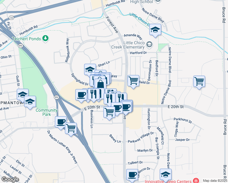 map of restaurants, bars, coffee shops, grocery stores, and more near 1950 East 20th Street in Chico