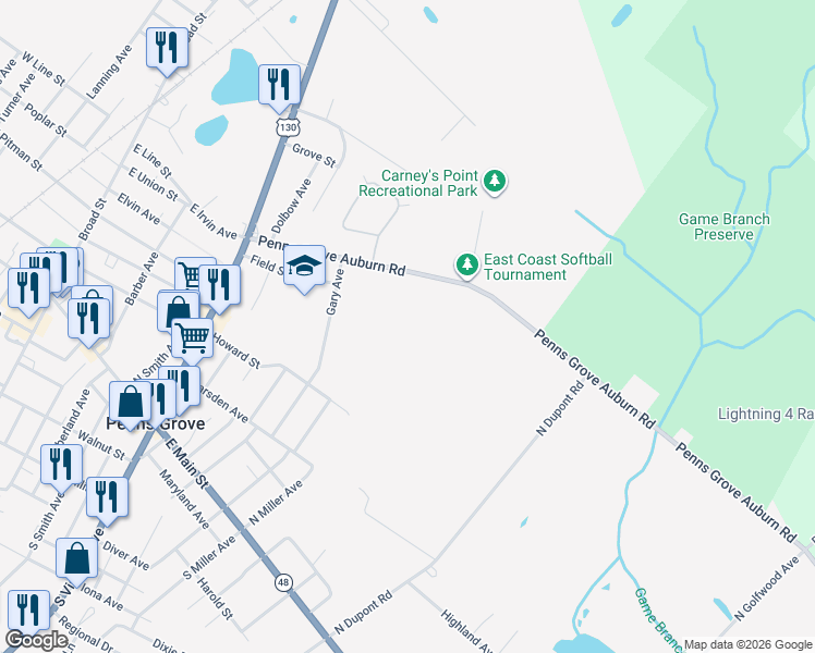 map of restaurants, bars, coffee shops, grocery stores, and more near 210 Penns Grove Auburn Road in Penns Grove