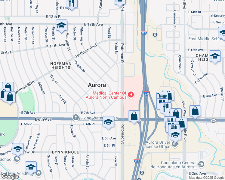 map of restaurants, bars, coffee shops, grocery stores, and more near 865 Zion Street in Aurora