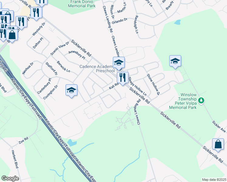 map of restaurants, bars, coffee shops, grocery stores, and more near 9 Park Side Drive in Sicklerville