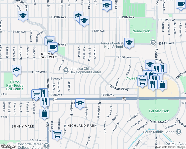 map of restaurants, bars, coffee shops, grocery stores, and more near 860 Lima Street in Aurora