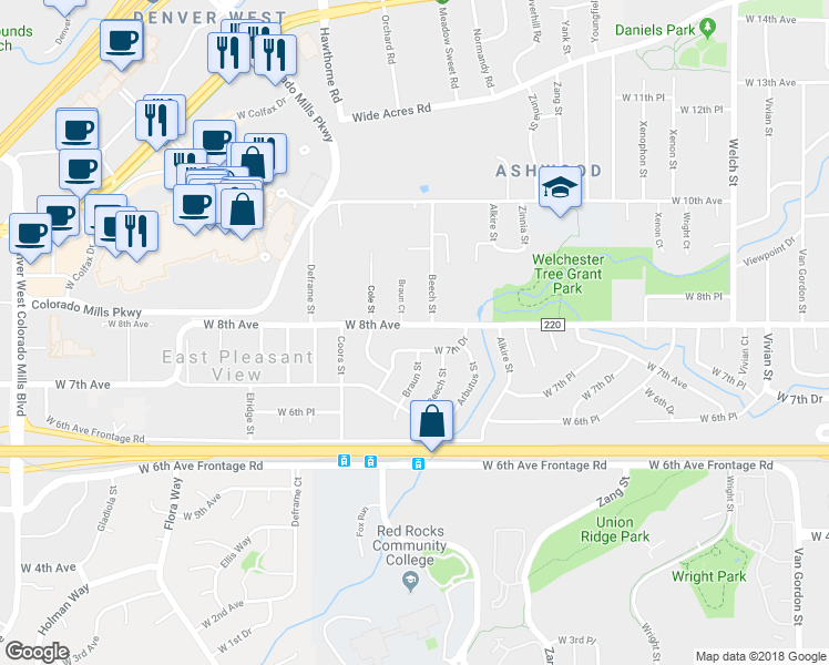 map of restaurants, bars, coffee shops, grocery stores, and more near 13470 West 8th Avenue in Golden