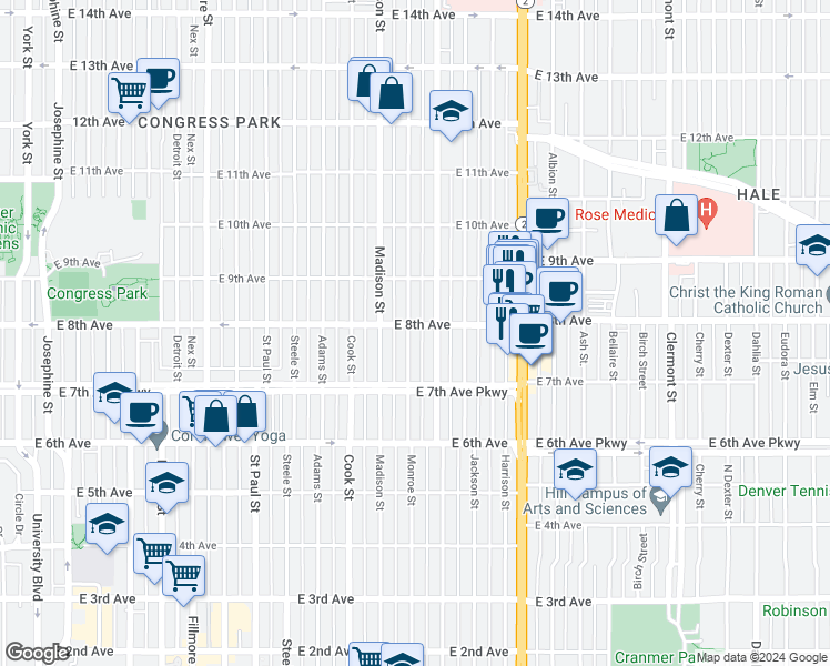 map of restaurants, bars, coffee shops, grocery stores, and more near 782 Monroe Street in Denver