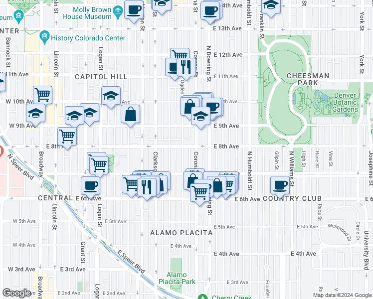 map of restaurants, bars, coffee shops, grocery stores, and more near 1000 8th Avenue in Denver
