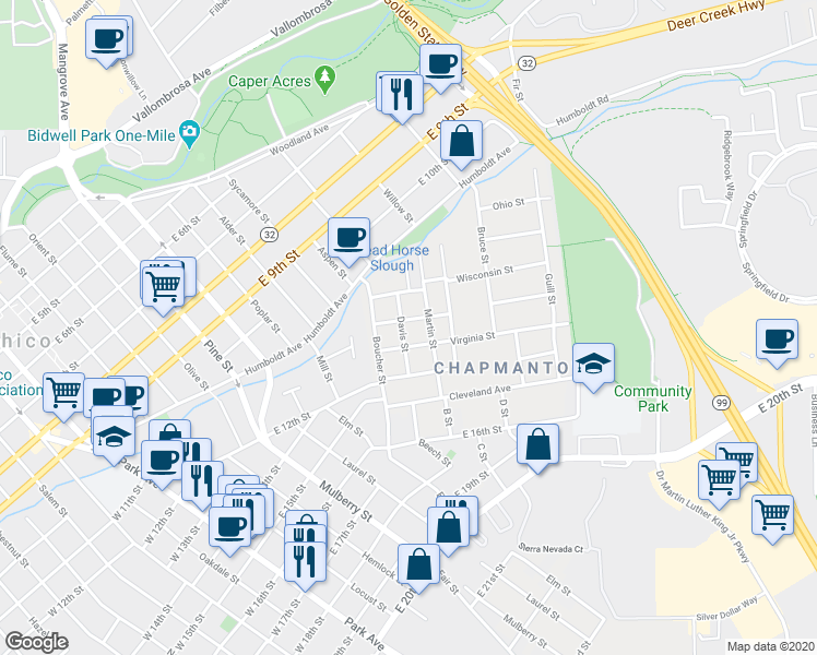 map of restaurants, bars, coffee shops, grocery stores, and more near 1357 Davis Street in Chico
