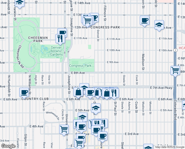 map of restaurants, bars, coffee shops, grocery stores, and more near 2720 East 8th Avenue in Denver