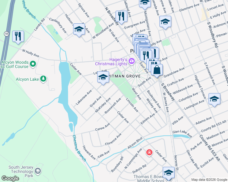 map of restaurants, bars, coffee shops, grocery stores, and more near 318 McKinley Avenue in Pitman