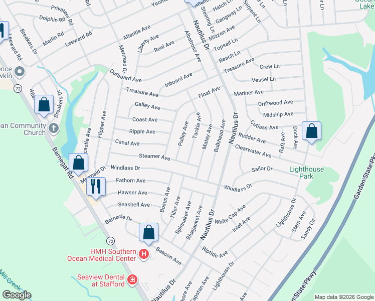 map of restaurants, bars, coffee shops, grocery stores, and more near 228 Tackle Avenue in Stafford Township