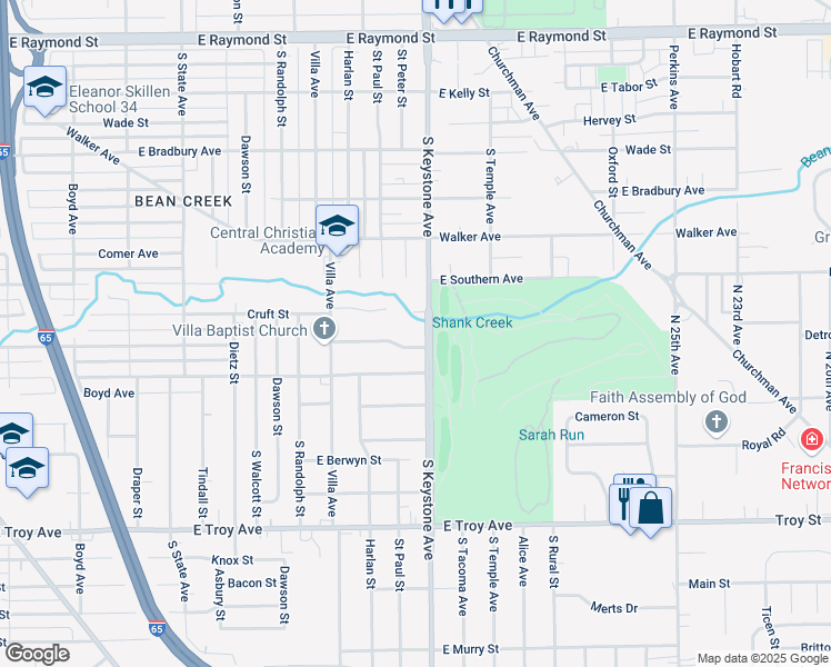 map of restaurants, bars, coffee shops, grocery stores, and more near 2690 South Keystone Avenue in Indianapolis