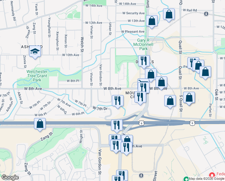 map of restaurants, bars, coffee shops, grocery stores, and more near 794 Urban Street in Golden