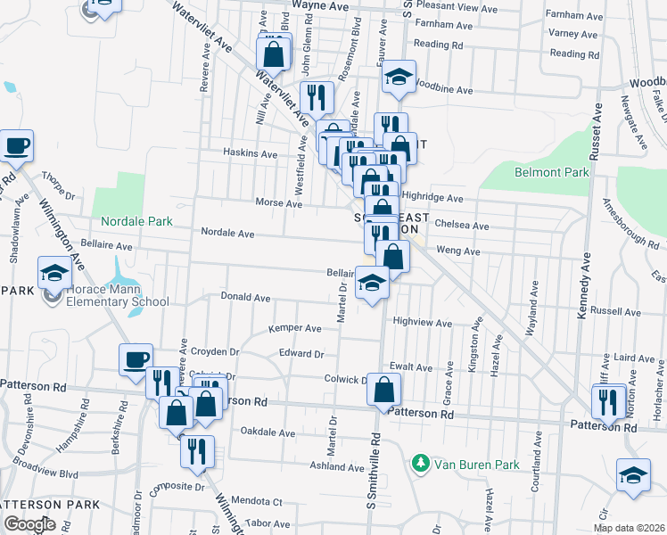 map of restaurants, bars, coffee shops, grocery stores, and more near 915 Bellaire Avenue in Dayton