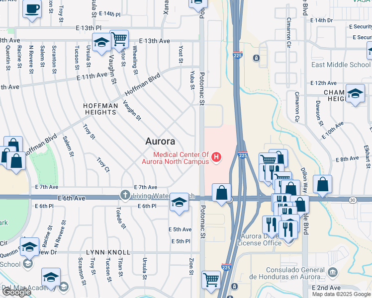 map of restaurants, bars, coffee shops, grocery stores, and more near 865 Zion Street in Aurora