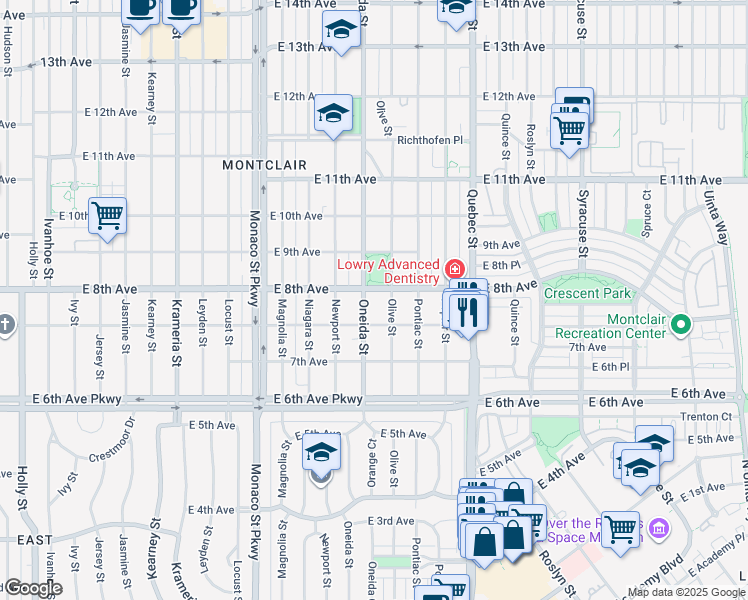 map of restaurants, bars, coffee shops, grocery stores, and more near 787 Olive Street in Denver